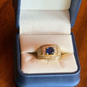Size 6.5 gold electroplated ring with simulated sapphire and diamonds